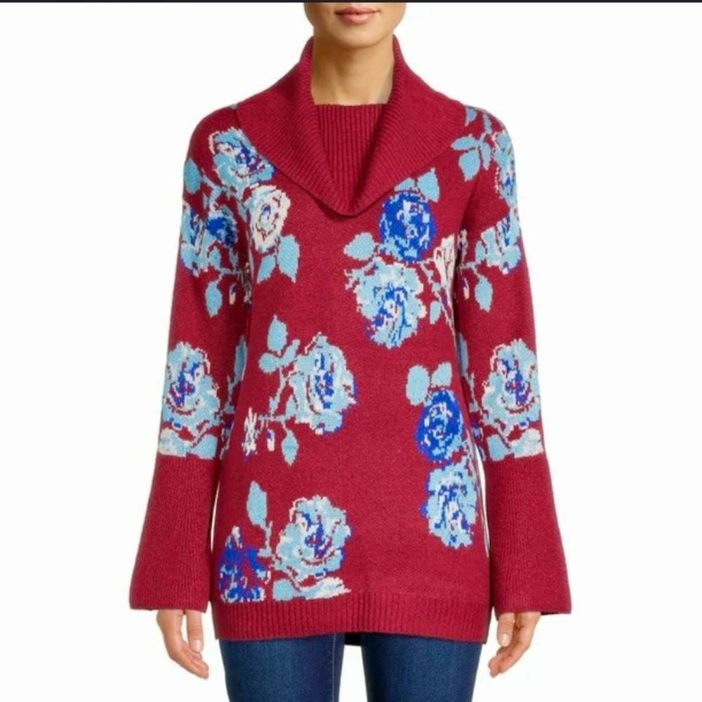 Pioneer Woman Floral Sweater Sz L‎ Country Cottagecore Cowl Neck Red Blue Cozy